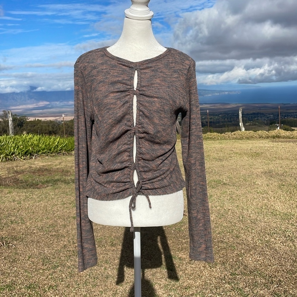 Wild Fable  Long Sleeve Lace-Up Cozy Knit Blouse Brown long Sleeve NWT